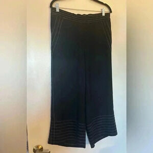 Donna Karan Black Wide Leg Pants White Contrast Stitching and Pockets in Medium